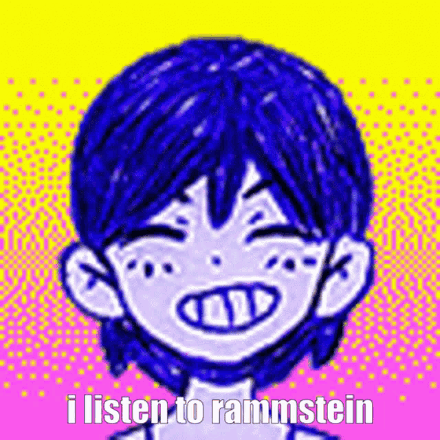 a drawing of a person with blue hair and the words `` i listen to rammstein ''