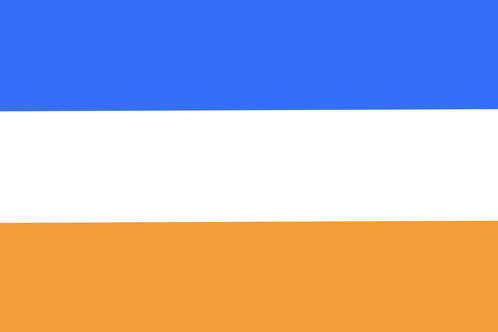 a blue , white , and orange flag is flying in the wind on a white background .