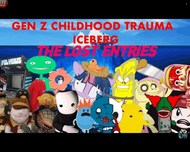 a poster for gen z childhood trauma iceberg the lost entries with cartoon characters