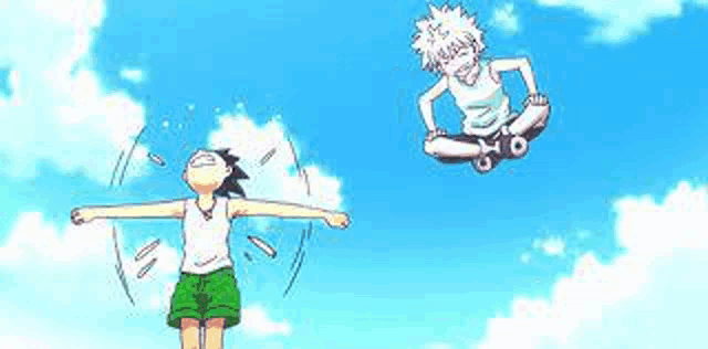 a couple of anime characters standing next to each other with their arms outstretched in the air .