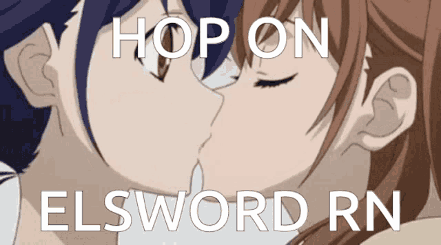a couple of anime characters kissing with the words hop on elsword rn above them