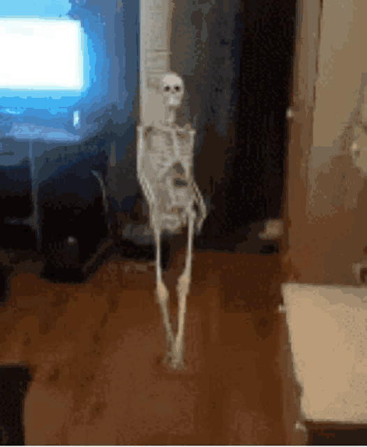 a skeleton is dancing in a living room in front of a computer .