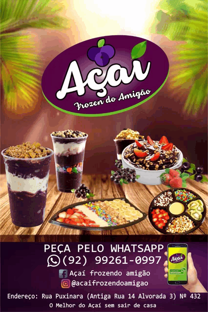 an advertisement for acai frozen do amigoo shows a phone number and a website