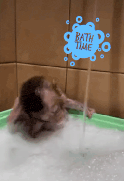 a child is taking a bath in a green tub with a bath time sign above it