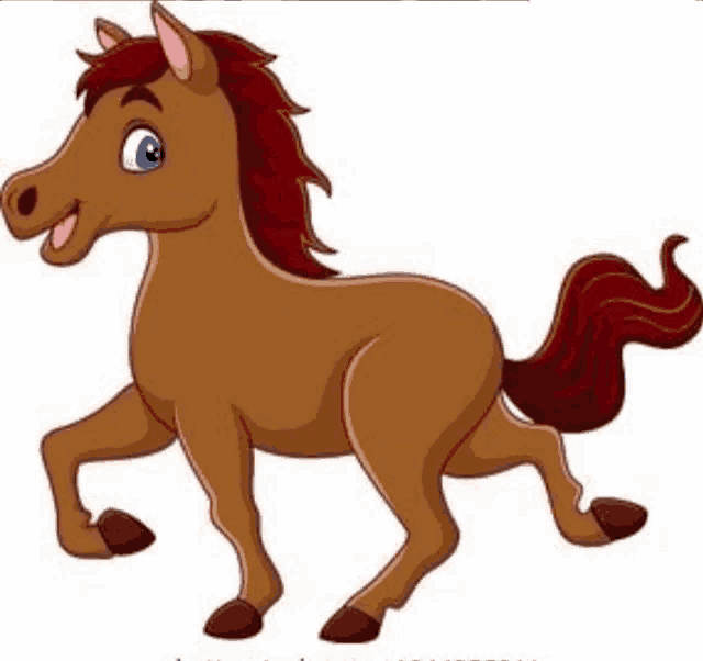 a brown cartoon horse with a red mane and tail is running .