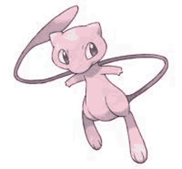 a pink pokemon with a long tail is flying in the air on a white background .