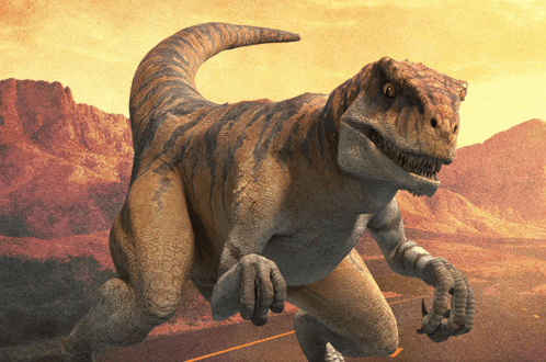 an animated dinosaur is running down a road