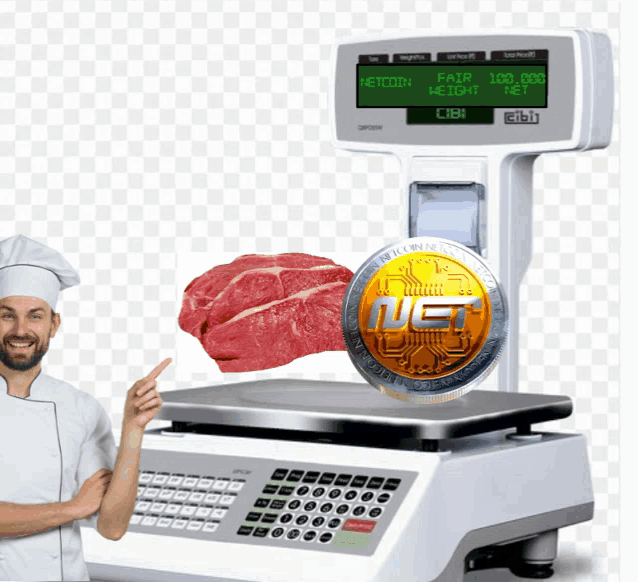 a chef standing next to a scale with a coin that says uet