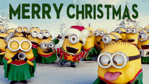 a group of minions singing merry christmas while wearing santa hats