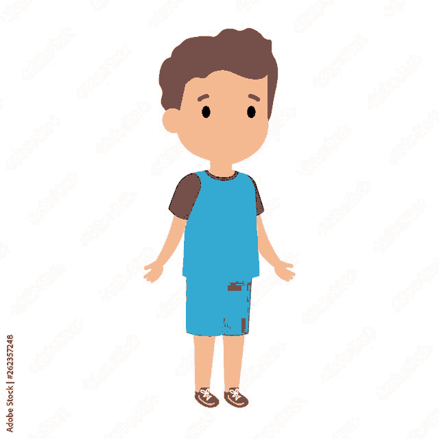 a boy in a blue shirt and shorts is standing on a white background