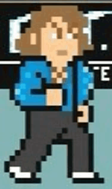 a pixel art of a man in a blue jacket and black pants is walking .