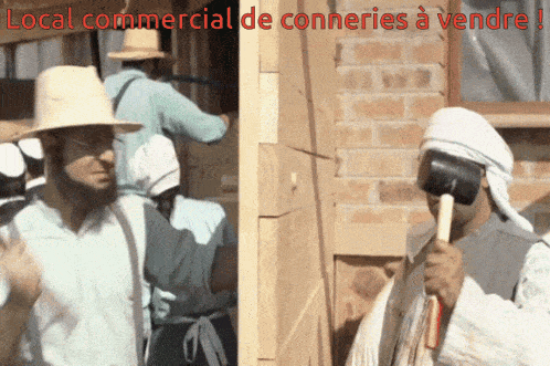 a man is holding a mallet in his mouth in front of a sign that says local commercial de connerie avendre