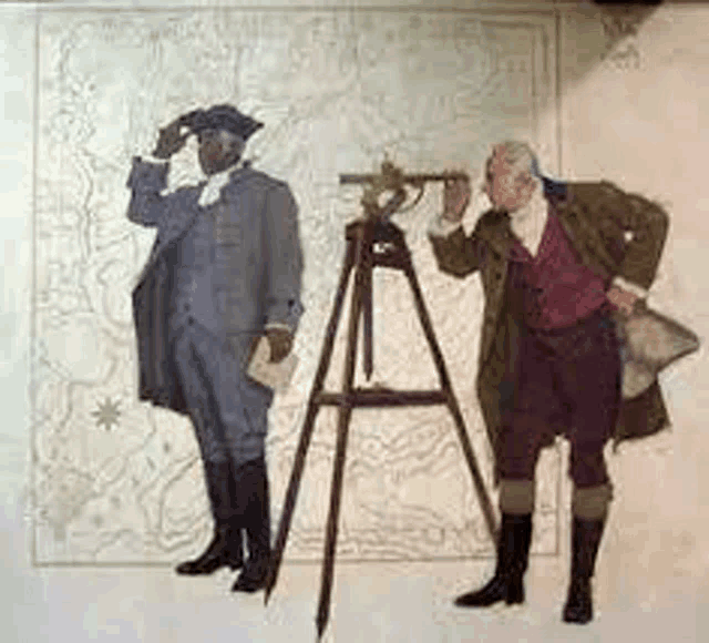 a painting of two men standing next to each other looking through a telescope and a map .