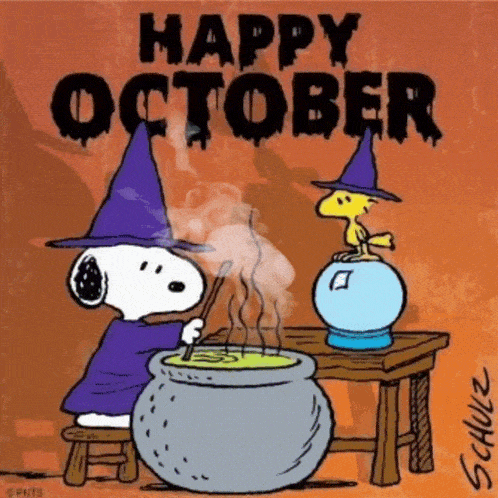 a cartoon of snoopy dressed as a witch stirring a cauldron with the words happy october