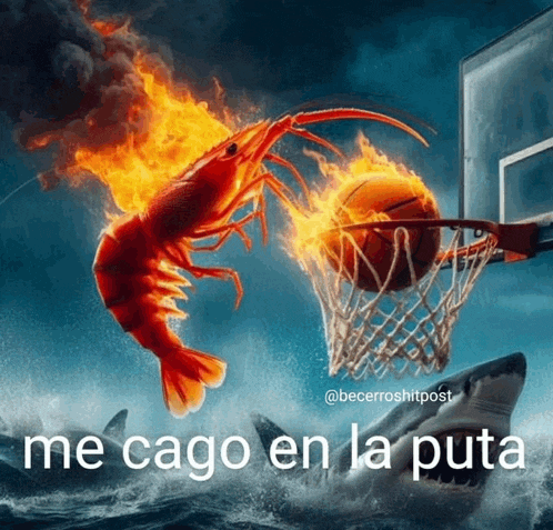 a flaming shrimp is about to dunk a basketball in a hoop