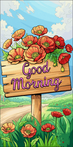 a wooden sign that says good morning is surrounded by red flowers