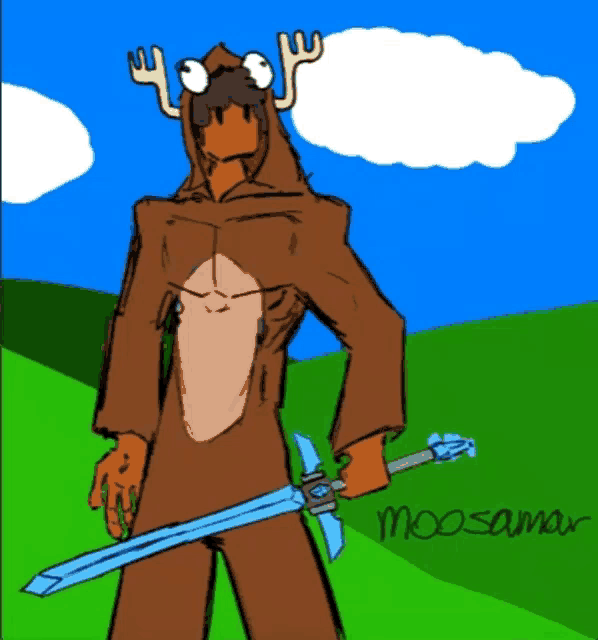 a drawing of a moose holding a sword with the name moosamara on the bottom