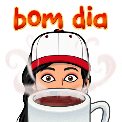 a cartoon of a woman wearing a baseball cap holding a cup of coffee with the words bom dia above her