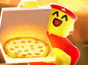 a cartoon character is holding a box of pizza with a face on it .