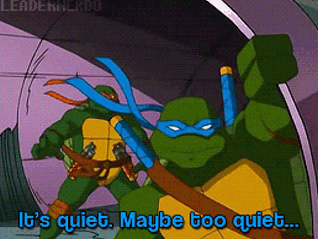 two teenage mutant ninja turtles are standing next to each other and one of them says it 's quiet maybe too quiet