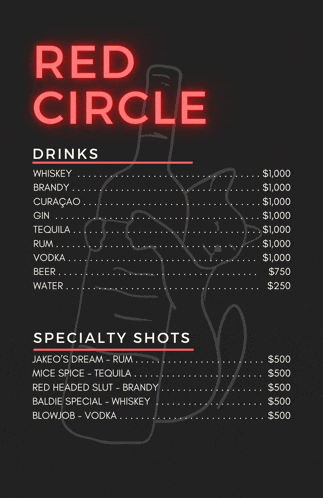 a menu for red circle drinks and specialty shots with prices