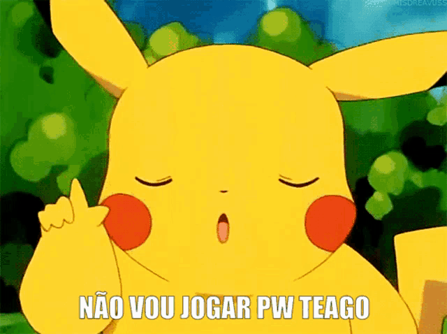 a cartoon pikachu says " não vou jogar pw teago " in a green background