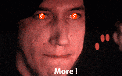 a close up of a man 's face with red eyes and the words " more " below it