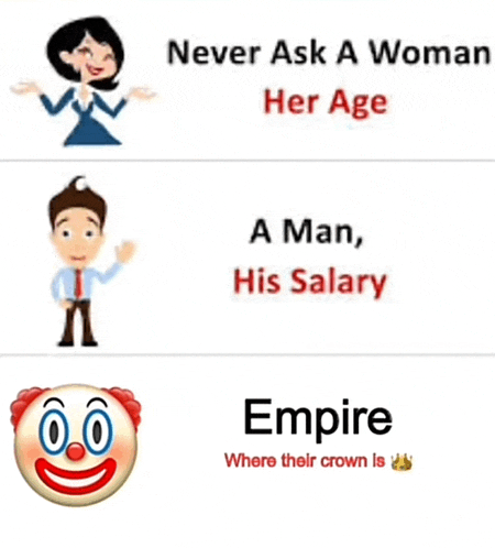 a cartoon of a woman a man and a clown with the caption never ask a woman her age