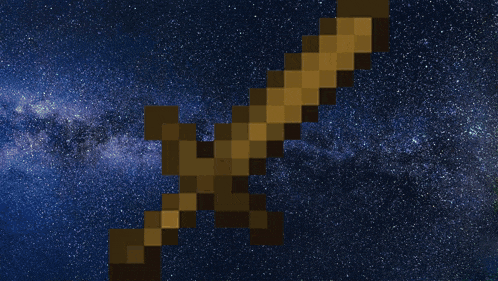 a pixel art image of a sword with a starry sky in the background