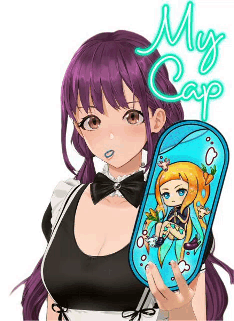 a girl with purple hair is holding a blue container with a picture of a girl on it