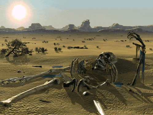 a skeleton is laying in the desert with the sun shining in the background