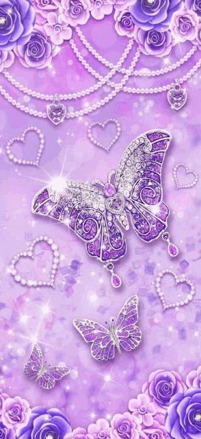 a purple background with butterflies , roses , pearls and hearts