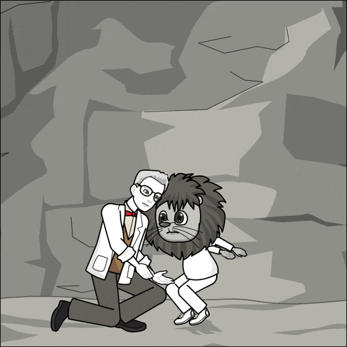 a black and white cartoon of a man kneeling down next to a lion