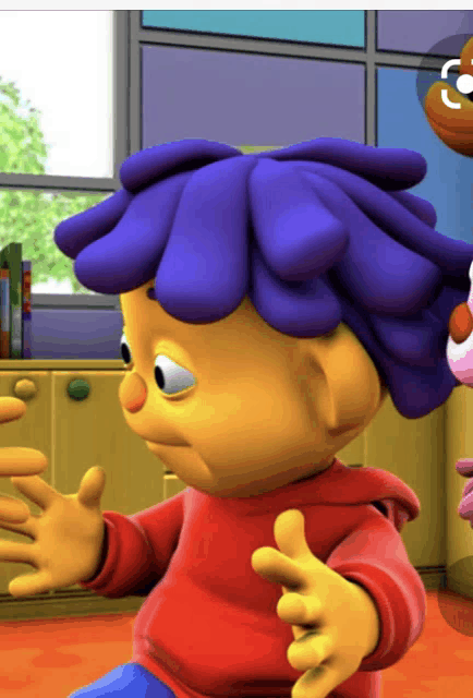 a cartoon character with purple hair and a red sweatshirt