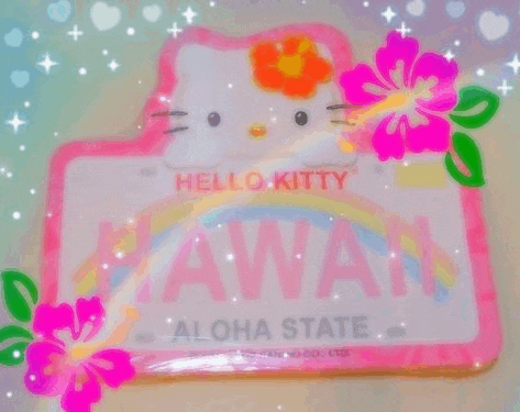 a hello kitty license plate with a rainbow and flowers on it .