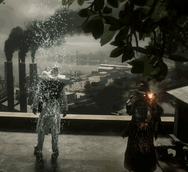 a man in a white suit is standing next to a man in a black coat with the letter l on his back