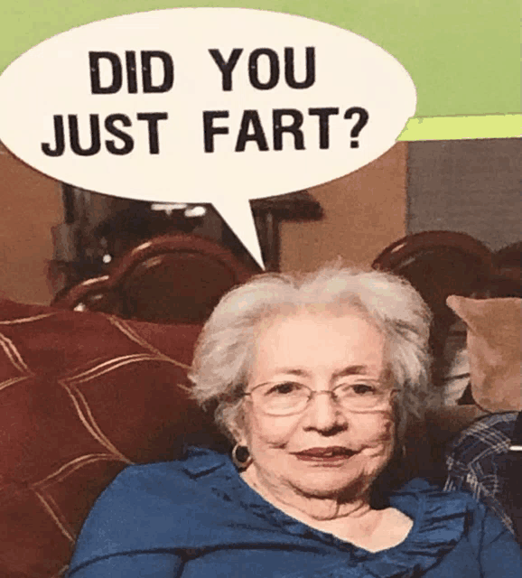 an elderly woman with a speech bubble that says did you just fart