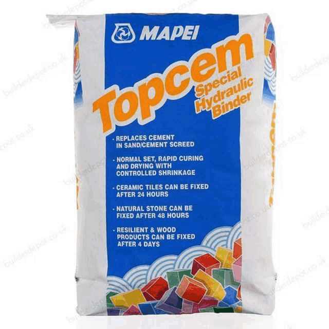 a bag of mapei topcem special hydraulic binder on a white background