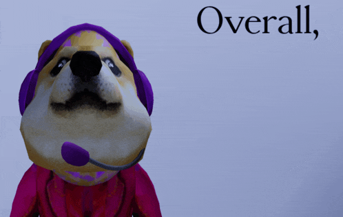 a dog wearing headphones and a microphone with the word overall behind him