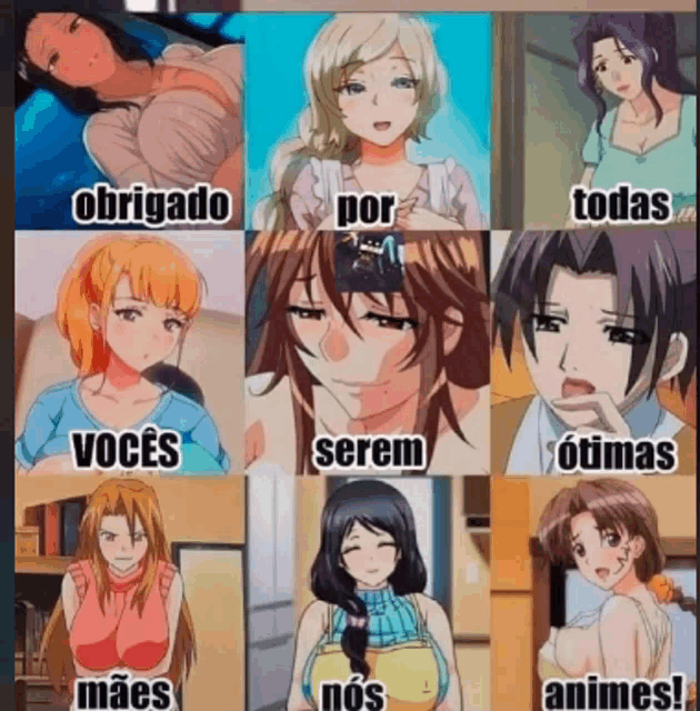 a collage of anime characters with the words obrigado por todas on the top