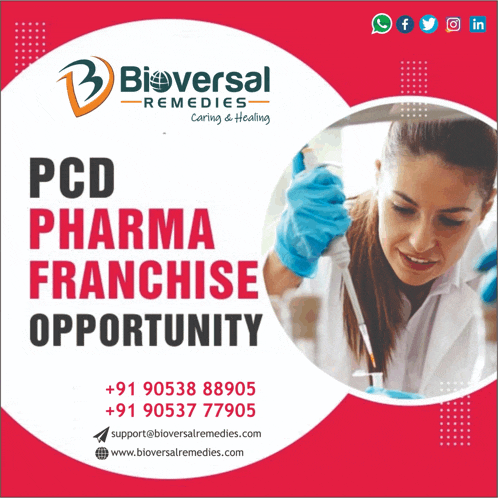 an advertisement for pcd pharma franchise opportunity with a woman in a lab coat