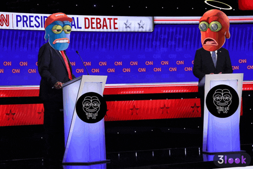 a cnn presidential debate with two cartoon characters on stage