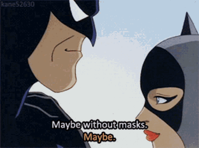 a cartoon of batman and catwoman with the caption maybe without masks