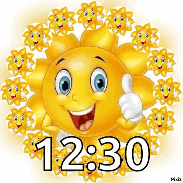 a cartoon sun giving a thumbs up surrounded by other suns