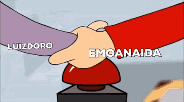 a cartoon of a hand pressing a red button with the words luizdoro and emoanaida on it