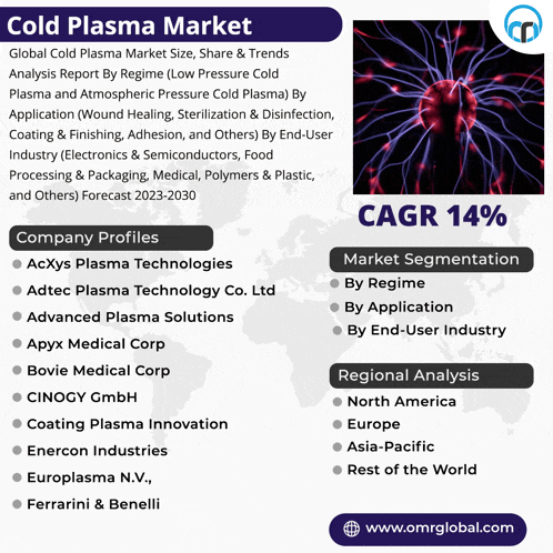 an advertisement for a cold plasma market with company profiles and market segmentation