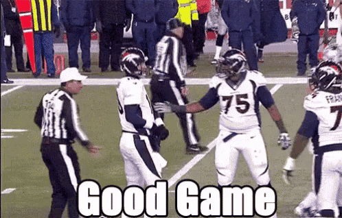 a group of football players are standing on a field with a referee and a caption that says good game .