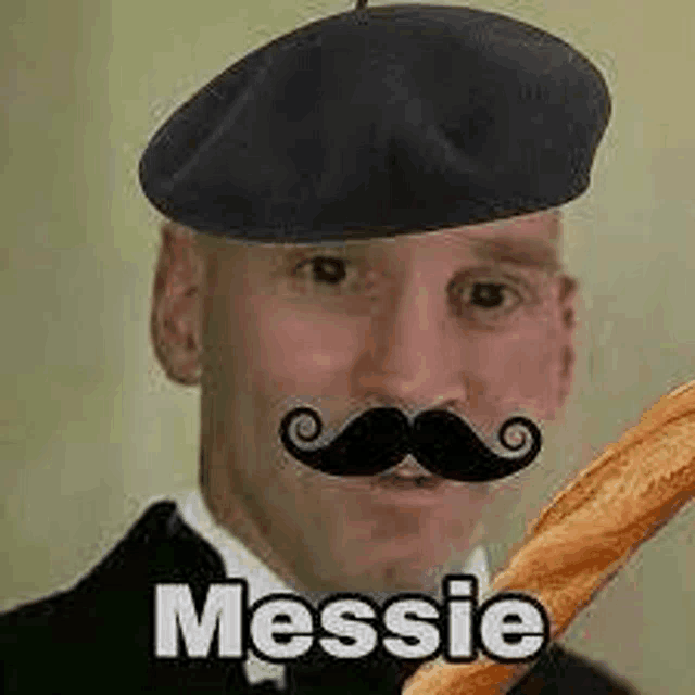 messie is wearing a beret and holding a baguette with a mustache .