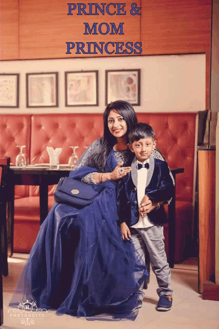 a woman in a blue dress sits next to a boy in a tuxedo under the words prince & mom princess