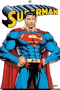 a cartoon drawing of superman standing with his hands on his hips .